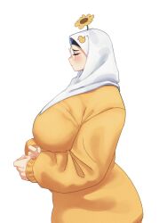 1girl alv4febrian ayuu_(alv4febrian) breasts closed_eyes flower flower_on_head from_side glasses highres hijab huge_breasts original round_eyewear simple_background solo sweater white_background white_hijab yellow_flower yellow_sweater