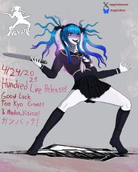 1girl amemiya_darumi black_boots black_hair black_shirt black_skirt blood bloody_tears blue_hair bluesky_username boots character_name english_text female_focus full_body grey_background high_heel_boots high_heels holding holding_knife holding_weapon knife last_defense_academy_school_uniform legs_apart long_hair magicislove messy_hair multicolored_hair outstretched_arms pleated_skirt pose_imitation red_eyes ryuu_ga_gotoku_(series) shirt simple_background skirt solo solo_focus spread_legs standing teeth the_hundred_line_-last_defense_academy- tongue tongue_out twintails twitter_username upper_teeth_only weapon