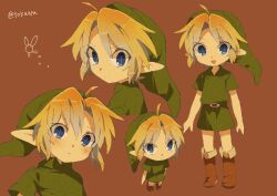 1boy ahoge artist_name belt belt_buckle blonde_hair blue_eyes blush boots brown_background brown_belt brown_footwear buckle closed_mouth collared_shirt commentary_request expressionless facing_away fairy full_body green_headwear green_shirt hand_on_own_hip hands_up hat link looking_at_viewer male_focus multiple_views navi nintendo parted_bangs pointy_ears shirt short_hair short_sleeves sidelocks simple_background smile the_legend_of_zelda the_legend_of_zelda:_ocarina_of_time tokuura twitter_username upper_body young_link