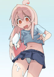 1girl @_@ absurdres ahoge araimelon bare_arms black_skirt blue_background blue_shirt brown_hair cameltoe commentary cowboy_shot cropped_shirt english_commentary food hair_between_eyes highres holding holding_food holding_popsicle light_blush long_hair melting_popsicle midriff miniskirt navel onii-chan_wa_oshimai! open_mouth oyama_mahiro panties pantyshot pink_hair popsicle shirt short_sleeves simple_background skirt solo spill t-shirt underwear very_long_hair white_panties