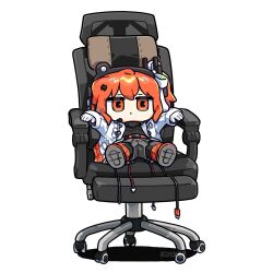 Rule 34 | 1girl, a.i. voice, adachi rei, black pantyhose, black shirt, breast pocket, chair, chibi, chibi only, gloves, grey skirt, hair between eyes, hair ribbon, hand rest, hands up, headlamp, jacket, long sleeves, looking at viewer, office chair, open clothes, open jacket, orange eyes, orange hair, pantyhose, pocket, radio antenna, reakaki, ribbon, shadow, shirt, side ponytail, simple background, sitting, skirt, solo, swivel chair, transparent background, twitter username, utau, white background, white gloves, white jacket