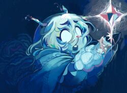 1girl antlers blank_eyes blonde_hair blue_background commentary crystal deltarune english_commentary furry furry_female hooves horns ink_sus long_hair noelle_holiday noelle_holiday_(dark_world) solo weird_route_(deltarune)