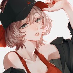 1girl baseball_cap black_hat black_jacket blue_eyes blush collarbone eyelashes fingernails hair_between_eyes hand_on_headwear hand_on_own_hat hat highres jacket lips medium_hair mole nail_polish original parted_lips red_nails red_shirt sandone333 shirt simple_background solo sweat upper_body white_background
