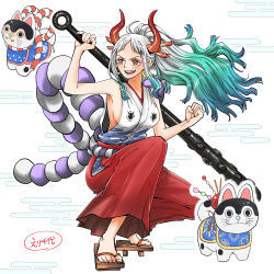 1girl blue_hair cat clenched_hand club club_(weapon) commentary_request earrings erichiyo_op eyelashes full_body geta green_hair hair_ornament hakama holding holding_weapon hoop_earrings horns japanese_clothes jewelry kanabou kimono one_piece orange_eyes ponytail red_hakama rope shimenawa sidelocks sleeveless sleeveless_kimono smile v-shaped_eyebrows weapon white_hair white_kimono yamato_(one_piece)