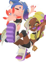 2girls blonde_hair blue_hair dark-skinned_female dark_skin fangs flip-flops frye_(splatoon) frye_(splatoon_raiders) hair_over_one_eye highres inkling knee_pads multiple_girls navel nintendo octoling open_mouth outstretched_arms red_eyes sandals shiver_(splatoon) shiver_(splatoon_raiders) shorts smile socks splatoon_(series) splatoon_raiders tank_top tentacle_hair thighhighs vincenciel white_background yellow_eyes