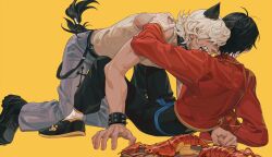 2boys animal_ears antenna_hair arm_rest arm_up bangle bare_arms belt belt_chain black_belt black_hair black_pants black_shoes black_tail blonde_hair boy_on_top bracelet clenched_hand covered_eyes cropped_jacket flipchers flipped_hair food fruit grey_pants hair_over_eyes hand_on_another&#039;s_shoulder hands_on_floor imminent_bite jacket jewelry kneeling lobster long_sleeves lying male_focus multiple_boys on_back open_mouth orange_(fruit) orange_slice original pants reclining red_jacket sharp_teeth shoes short_hair simple_background spiked_bracelet spikes tank_top teeth toned toned_male white_tank_top yaoi yellow_background
