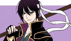Rule 34 | 1boy, aged down, black coat, black eyes, black gloves, black hair, coat, commentary request, fingerless gloves, gintama, gloves, headband, high collar, holding, holding sword, holding weapon, looking at viewer, male focus, official alternate costume, over shoulder, pike 121, purple background, solo, sword, takasugi shinsuke, weapon, weapon over shoulder, white headband