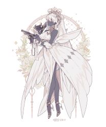 1girl black_skin breasts colored_skin dark-skinned_female dark_skin dress flower full_body gloves gun handgun high_heels holding holding_gun holding_weapon lemon89h original rococo_movement solo standing trigger_discipline veil very_dark_skin weapon white_hair