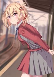 bad_tag blue_bow blue_bowtie blush bow bowtie check_commentary commentary_request cowboy_shot dress gradient_background head_tilt highres looking_away looking_to_the_side lycoris_recoil lycoris_uniform nishikigi_chisato railroad_tracks school_uniform smile train_station two-tone_dress