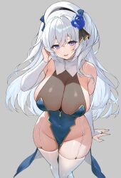 1girl breasts covered_navel curvy flower grey_background hair_flower hair_ornament hat highres large_breasts long_hair looking_at_viewer nakamura_nagare original pelvic_curtain purple_eyes simple_background solo thick_thighs thighhighs thighs white_hair white_thighhighs