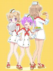 3girls ;d blonde_hair blunt_bangs blush bow brown_eyes brown_hair chef chef_hat commentary_request dress food full_body green_scrunchie hair_bun hair_ornament hair_scrunchie hand_on_own_hip hand_up hands_up hat highres holding holding_food holding_pizza holding_tray ikzw looking_at_viewer looking_back manaka_non manaka_non_(normal) multiple_girls neckerchief one_eye_closed open_mouth outline pizza pizza_slice plate pretty_series pripara purple_eyes purple_hair red_bow red_neckerchief sandals scrunchie short_hair shy side_ponytail single_hair_bun smile standing taiyo_pepper tray tsukikawa_chili tsukikawa_chili_(normal) two_side_up white_dress white_headwear yellow_background