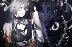 1girl absurdres acheron_(honkai:_star_rail) asymmetrical_gloves bare_shoulders breasts cleavage efanziyu flower gloves highres holding holding_sword holding_weapon honkai:_star_rail honkai_(series) long_hair long_sleeves looking_at_viewer mismatched_gloves red_eyes solo sword weapon white_hair