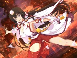 1girl anti-aircraft anti-aircraft_gun battle battleship bell black_eyes black_hair blue_pupils breasts cannon cloud detached_sleeves evening fire gradient_sky hair_between_eyes hair_ornament hakama head_mirror high_collar high_heels horizon japanese_clothes jingle_bell kagura_(senran_kagura) large_breasts long_hair looking_at_viewer military military_vehicle mirror nontraditional_miko ocean official_alternate_costume official_art red_hakama ribbon-trimmed_clothes ribbon-trimmed_sleeves ribbon_trim senran_kagura senran_kagura_new_link shiny_skin ship ship_turret sideboob sky smile smoke solo sparks swept_bangs symbol-shaped_pupils torn_clothes war warship water watercraft white_footwear yaegashi_nan