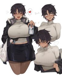 1girl bag black_hair black_jacket black_nails black_skirt blush bon_(vtuber) breasts can closed_eyes dark-skinned_female dark_skin earrings fang fanny_pack fish_skeleton_earrings gurenola heart highres holding holding_can indie_virtual_youtuber jacket jewelry large_breasts motion_lines multicolored_hair open_clothes open_jacket open_mouth pantyhose pencil_skirt pink_hair plastic_bag ribbed_sweater short_hair skirt spoken_heart streaked_hair sweater turtleneck turtleneck_sweater virtual_youtuber white_sweater