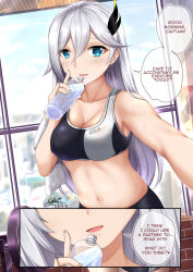 1girl alternate_costume bike_shorts blue_eyes bottle breasts cecilia_schariac collarbone comic english_text engrish_text highres holding holding_bottle honkai_(series) honkai_impact_3rd indoors long_hair looking_at_viewer medium_breasts midriff ranguage sheita signature silver_hair speech_bubble sports_bra towel window