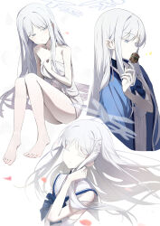 1girl absurdres bare_arms bare_legs bare_shoulders barefoot blue_archive blue_bow blue_haori bow closed_eyes closed_mouth eating haori highres holding holding_skewer japanese_clothes long_hair looking_at_viewer nagusa_(blue_archive) naked_towel parted_bangs sailor_collar shirt sidelocks skewer skirt sleeveless sleeveless_shirt solo towel white_eyes white_hair white_sailor_collar white_shirt white_skirt yamada_auto