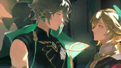 2boys absurdres akademiya_uniform akasha_terminal alhaitham_(genshin_impact) black_shirt blonde_hair cape commentary compression_shirt english_commentary feather_hair_ornament feathers from_side genshin_impact gold_trim green_cape green_eyes grey_hair hair_ornament hair_over_one_eye highres kaveh_(genshin_impact) looking_at_another male_focus mandarin_collar multiple_boys red_cape red_eyes shirt sleeveless sleeveless_shirt tonraeki yaoi