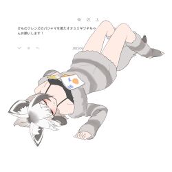 1girl animal_ears bare_shoulders bat-eared_fox_(kemono_friends) black_undershirt blush book chicha_(chi_cha_rigbo) closed_eyes dress fox_ears fox_girl fox_tail fur_socks fur_trim grey_hair grey_pajamas grey_socks hair_between_eyes highres kemono_friends long_sleeves lying multicolored_hair official_alternate_costume on_back pajamas short_hair sidelocks sleeping socks solo spaghetti_strap striped_clothes striped_pajamas sweater sweater_dress tail toeless_legwear translation_request two-tone_pajamas white_hair