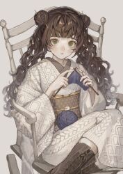 1girl absurdres black_boots boots braid brown_hair chair choker curly_hair feet_out_of_frame green_eyes grey_background hair_between_eyes highres japanese_clothes kimono knitting knitting_needle light_blush long_hair long_sleeves looking_at_viewer needle original pale_skin parted_lips sayoko_(sayosny2) sidelocks signature simple_background sitting solo twin_braids twintails white_kimono wide_sleeves yarn yarn_ball