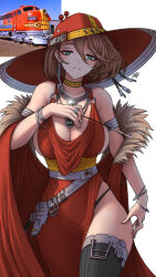 1girl atsf bracelet breasts brown_hair choker cleavage commentary cowboy_shot diesel_locomotive dress emd_f7 fur_trim green_eyes highres jewelry large_breasts locomotive looking_at_viewer low-cut medium_hair necklace original santa_fe sideboob signature smile solo thighhighs thighs thong train zhvo