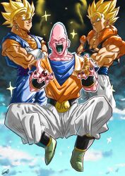 Rule 34 | 3boys, black nails, blonde hair, blue dougi, blue sash, blue sky, bracer, chocolate, closed mouth, colored skin, commentary request, croissant, crossed arms, dougi, dragon ball, dragonball z, earrings, food, full body, gloves, gogeta, green eyes, highres, jewelry, looking at another, majin buu, male focus, metamoran vest, multiple boys, muscular, muscular male, open mouth, orange dougi, outdoors, pants, pectorals, pink skin, potara earrings, sash, signature, sky, smile, spiked hair, stynl f, super buu, super saiyan, super saiyan 1, teeth, tongue, vegetto, white gloves, white pants