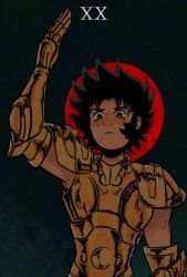 aged_down arm_up armor black_hair capricorn_shura frown gold_armor gold_cloth gold_saint green_eyes halo halo_behind_head highres looking_at_viewer mierstaer red_halo roman_numeral saint_seiya short_hair sideburns spiked_hair upper_body