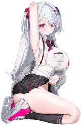 Rule 34 | 1girl, absurdres, arm up, armpits, black bow, black bowtie, black socks, blush, bow, bowtie, breasts, closed mouth, clothes lift, collared shirt, commentary request, from side, gem, grey jacket, hair between eyes, hair ornament, hairclip, halter shirt, halterneck, highres, jacket, kneehighs, korean commentary, krabking, large breasts, long hair, long sleeves, looking at viewer, off shoulder, original, parallel hairclips, partial commentary, pink eyes, pleated skirt, red gemstone, riche leilani, seiza, shirt, shoes, simple background, sitting, skirt, skirt lift, sneakers, socks, solo, thighs, turning head, two-tone skirt, two side up, very long hair, white background, white hair, white shirt, white shoes