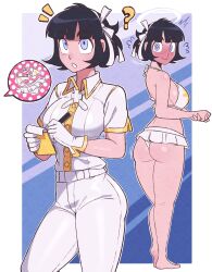 1girl ? absurdres angel azazel_(helltaker) bikini bikini_skirt black_hair blue_eyes blush bra hair_ribbon halo helltaker highres holding holding_pen jeff_miga looking_up panties pants pen ribbon shirt short_hair swimsuit underwear white_bikini white_bra white_panties white_pants white_ribbon white_shirt