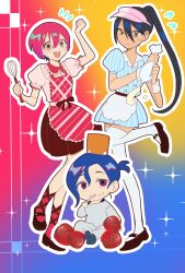 1boy 2girls amate_yuzuriha apple aqua_eyes black_hair blue_hair chibi conch_(gundam) dress food food_on_face fruit full_body gradient_background gundam gundam_gquuuuuux highres holding holding_pastry_bag holding_whisk long_hair multiple_girls non-humanoid_robot nyaan_(gundam_gquuuuuux) open_mouth pastry_bag red_eyes red_hair robot short_hair short_sleeves shuji_ito sitting smile sparkle standing standing_on_one_leg turumiya_s visor_cap whisk yellow_eyes