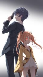 1boy 1girl absurdres aihara_enju back-to-back black_bullet black_suit blue_hair closed_mouth commentary_request dated dress flat_chest formal_clothes glowing glowing_eyes gun handgun highres holding holding_gun holding_weapon jacket long_hair long_sleeves looking_at_viewer looking_back orange_hair qian_hen red_eyes satomi_rentarou simple_background solid_eyes suit twintails weapon white_dress wide_sleeves yellow_jacket