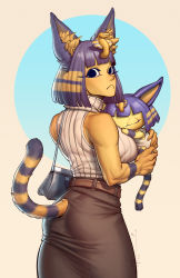 2girls absurdres ancient_egyptian ancient_egyptian_clothes animal_crossing animal_ears ankha_(animal_crossing) bag bare_shoulders belt carrying cat_ears cat_girl cat_tail chibi clone dress expressionless female_focus fictional_persona fur furry furry_female highres hug looking_at_viewer multicolored_fur multicolored_hair multiple_girls nintendo no_pupils nose personification short_hair sleeping sleeveless sleeveless_turtleneck sweater tail turtleneck vest