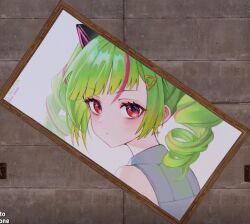 Rule 34 | 1girl, animal ears, artist name, bare shoulders, blush, character name, closed mouth, collared shirt, delutaya, diagonal bangs, dot nose, drill hair, dutch angle, earrings, expressionless, eyelashes, fake animal ears, from behind, gabigangx, game screenshot, green hair, grey shirt, hair ornament, highres, indie virtual youtuber, jewelry, looking at viewer, looking back, making-of available, picture frame, pink hair, pink streaks, portrait, red eyes, rust (game) (medium), shirt, sidelocks, sleeveless, sleeveless shirt, solo, star (symbol), star earrings, triangle hair ornament, twin drills