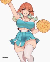 Rule 34 | 1girl, ;d, alternate costume, arm up, armpits, blue skirt, breasts, cheerleader, colored inner hair, commentary, cowboy shot, crop top, english commentary, feathers, gradient hair, green feathers, green hair, highres, hololive, hololive english, large breasts, long hair, looking at viewer, midriff, miniskirt, multicolored hair, one eye closed, open mouth, orange hair, pleated skirt, pom pom (cheerleading), pomuya, purple eyes, simple background, skirt, smile, solo, straight-on, takanashi kiara, thighhighs, virtual youtuber, white thighhighs