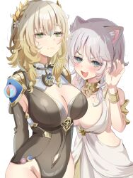 2girls absurdres aglaea_(honkai:_star_rail) animal_ear_fluff animal_ears armpit_cutout black_leotard blonde_hair blue_eyes bracelet breasts cat_ears cat_girl chuuna_(unagiunazy) cipher_(honkai:_star_rail) clothing_cutout collarbone commentary_request cosplay costume_switch cowboy_shot dress fang green_eyes grey_background highres honkai:_star_rail honkai_(series) jewelry large_breasts leotard long_sleeves looking_at_viewer mole mole_on_collarbone multiple_girls simple_background skin_fang sleeveless sleeveless_dress wavy_mouth white_dress white_hair