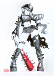 1girl absurdres baseball_bat belly black_boots black_gloves black_jacket blood blood_on_hands bloody_weapon boots chain color_contrast cross full_body gloves gluteal_fold helmet highres jacket leather leather_jacket looking_to_the_side luciana_de_montefio navel one-eyed pentagram punk red_eyes single_glove single_thighhigh solo spiked_bat standing starflight stoking thick_thighs thighhighs thighs torn_clothes traditional_media weapon zenless_zone_zero