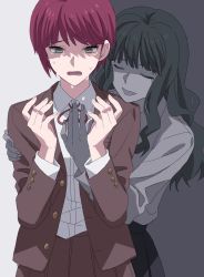 10s 2girls bad_id bad_twitter_id blunt_bangs closed_eyes crying crying_with_eyes_open danganronpa_(series) danganronpa_3_(anime) green_eyes hug hug_from_behind koizumi_mahiru long_hair multiple_girls okuragon pleated_skirt red_hair ringed_eyes satou_(danganronpa) school_uniform short_hair skirt tears wavy_hair