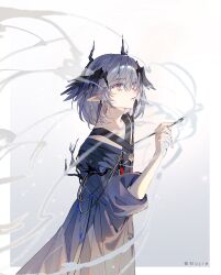 Rule 34 | 1boy, aged down, androgynous, arknights, artist name, black dress, border, chinese commentary, closed mouth, cowboy shot, criss-cross halter, demon horns, dress, earrings, gradient background, grey background, grey hair, hair between eyes, halterneck, head wings, highres, holding, holding pen, horns, jewelry, logos (arknights), logos (young) (arknights), looking up, male focus, medium hair, mojieovo, mole, mole under eye, nib pen (object), outside border, pen, pink eyes, pointy ears, smoke, solo, standing, three-quarter sleeves, white background, white border, wings