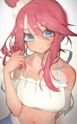 1girl bare_shoulders bikini bikini_under_clothes bikini_under_shorts blue_eyes blue_shorts blush breasts collarbone crop_top denim denim_shorts grey_background hair_ornament highres looking_at_viewer midriff navel nintendo off-shoulder_shirt off_shoulder official_alternate_costume one_side_up open_mouth pokemon pokemon_masters_ex red_hair rindoriko shirt shorts sidelocks simple_background skyla_(pokemon) skyla_(summer_2025)_(pokemon) smile solo swimsuit teeth upper_body
