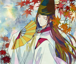 1boy autumn autumn_leaves black_hat brown_hair closed_eyes closed_mouth floating_hair from_side fujiwara_no_sai hand_fan hat hikaru_no_go holding holding_fan hun_(endlesslovehikaru) japanese_clothes kariginu kimono leaf long_hair male_focus maple_leaf red_kimono sleeves_past_wrists solo straight_hair tate_eboshi upper_body very_long_hair