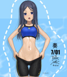 Rule 34 | 1girl, alice gear aegis, bike shorts, black hair, blue background, blue eyes, blue sports bra, blush, breasts, dated, gluteal fold, groin, hair between eyes, long hair, medium breasts, navel, nikitou kanade, open mouth, shiny skin, signature, solo, sports bra, stomach, sweat, takada kazuhiro, teeth, thigh gap, undressing, very sweaty