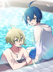 2boys ahoge amami_rantaro antenna_hair arm_support black_hair blush brown_eyes collarbone commentary_request crossed_arms danganronpa_(series) danganronpa_s:_ultimate_summer_camp danganronpa_v3:_killing_harmony day ear_piercing earrings eyelashes green_eyes green_hair hair_between_eyes hood hood_down hoodie jewelry long_sleeves male_focus male_swimwear multiple_boys necklace official_alternate_costume open_mouth outdoors partial_commentary piercing pool saeki_saiki saihara_shuichi short_hair sitting smile swim_trunks topless_male water wet wet_hair white_hoodie