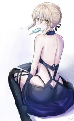 1girl artoria_pendragon_(fate) ass back bare_back bare_shoulders black_thighhighs blonde_hair braid butt_crack eating fate/grand_order fate_(series) food hair_ribbon highres looking_at_viewer looking_back open_mouth popsicle ribbon saber_alter saber_alter_(swimsuit_rider) saber_alter_(swimsuit_rider)_(third_ascension) sii_artatm simple_background sitting solo thighhighs white_background yellow_eyes