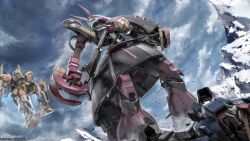 Rule 34 | absurdres, aeug, artist request, baund doc, beam rifle, cable, claws, cloud, cloudy sky, company name, copyright notice, debris, energy gun, fake screenshot, flying, gundam, gundam battle operation 2, highres, holding, holding weapon, hyaku shiki, machinery, mecha, mecha focus, mobile suit, no humans, official art, realistic, robot, science fiction, shield, sky, snow, sunrise (company), thrusters, titans (gundam), v-fin, weapon, when you see it, zeta gundam, zeta gundam (mobile suit)