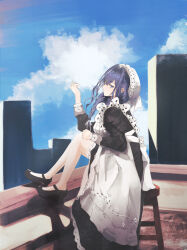 1girl against_railing apron black_dress black_hair black_shoes blue_eyes blue_sky braid breasts cigarette cityscape clothes_lift commentary dress dress_lift embroidered_dress embroidery english_commentary frilled_apron frilled_hat frills from_side full_body hair_intakes hair_over_shoulder hat highres holding holding_cigarette hololive hololive_english kiryu_coco kiryu_coco_(1st_costume) large_breasts long_dress long_hair looking_at_viewer low_twin_braids low_twintails maid maid_apron malvar mary_janes messy_hair mob_cap official_alternate_costume official_alternate_hairstyle on_rooftop on_stool ouro_kronii ouro_kronii_(maid) outdoors railing rooftop shoes sky smoking solo twin_braids twintails victorian_maid virtual_youtuber white_apron white_hat