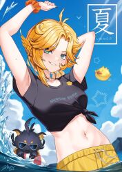 Rule 34 | 1girl, ahoge, black shirt, blonde hair, blue sky, breasts, cloud, dated, day, doki amber doge (dokibird), dokibird, dokibird (summer), dragoon (dokibird), green eyes, highres, indie virtual youtuber, looking at viewer, medium breasts, medium hair, midriff, navel, outdoors, shirt, shorts, shuazir, signature, sky, smile, solo, star (symbol), upper body, virtual youtuber, wading, water, yellow shorts