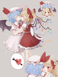 &gt;_&lt; 2girls :3 ? absurdres animal_ear_fluff animal_ears arrow_through_heart ascot bat_wings biting blonde_hair blue_hair bow cat_ears cat_tail closed_eyes collared_shirt commentary fang fang_out flandre_scarlet frilled_shirt_collar frills grey_background hair_bow hands_on_another&#039;s_cheeks hands_on_another&#039;s_face hat hat_ribbon head_biting highres incest kemonomimi_mode kiss kissing_cheek long_hair mob_cap multiple_girls multiple_views pink_hat pink_shirt pink_skirt puffy_short_sleeves puffy_sleeves red_ascot red_bow red_nails red_ribbon red_vest remilia_scarlet ribbon shirt short_hair short_sleeves skirt smile speech_bubble symbol-only_commentary tail thought_bubble touhou vest wings yellow_ascot yuri yuuneka
