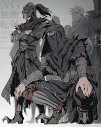 6+boys absurdres armor assassin bandaged_arm bandages black_feathers black_hair black_mask chinese_armor chinese_clothes clawed_boots crossed_arms feather_trim feathers full_body grey_background helmet highres long_hair male_focus mask mouth_mask multiple_boys ponytail roku_(gansuns) shin_sangoku_musou shin_sangoku_musou_origins squatting standing