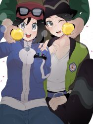 3boys :d belt black-framed_eyewear black_hat black_pants blue_belt blue_jacket bracelet calem_(pokemon) collarbone creatures_(company) eyelashes eyewear_on_headwear game_freak green_jacket grey_eyes hands_up hat heart highres hiker_(pokemon) holding jacket jewelry long_sleeves looking_at_viewer male_focus multiple_boys nintendo nugget_(pokemon) one_eye_closed open_mouth pants paxton_(pokemon) pokemon pokemon_legends:_z-a pokemon_xy red_hat sana_(37pisana) shirt sleeves_past_wrists smile sunglasses sweat teeth tongue upper_teeth_only white_background