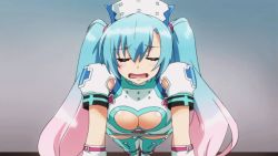 1girl angel animated animated_gif aqua_hair breasts cleavage cleavage_cutout clothing_cutout detached_sleeves exercising closed_eyes female_focus gradient_hair indoors large_breasts long_hair metatron_(nanatsu_no_bitoku) metatron_(the_seven_heavenly_virtues) multicolored_hair nanatsu_no_bitoku open_mouth pink_hair push-ups screencap solo the_seven_heavenly_virtues thighhighs twintails two-tone_hair