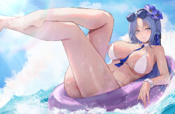 1girl absurdres alsace_(azur_lane) alsace_(heat_beating_summer_sacrament)_(azur_lane) azur_lane between_breasts bikini blue_eyes blue_hair blue_necktie blue_ribbon blue_sky braid breasts cleavage closed_mouth day detached_collar eyewear_on_head flower hair_flower hair_ornament hair_ribbon highres innertube large_breasts legs_up long_hair looking_at_viewer navel necktie necktie_between_breasts ocean official_alternate_costume outdoors parted_bangs ribbon sky solo sunglasses suo_bu_ye_feng swim_ring swimsuit thighs very_long_hair water wet white_bikini